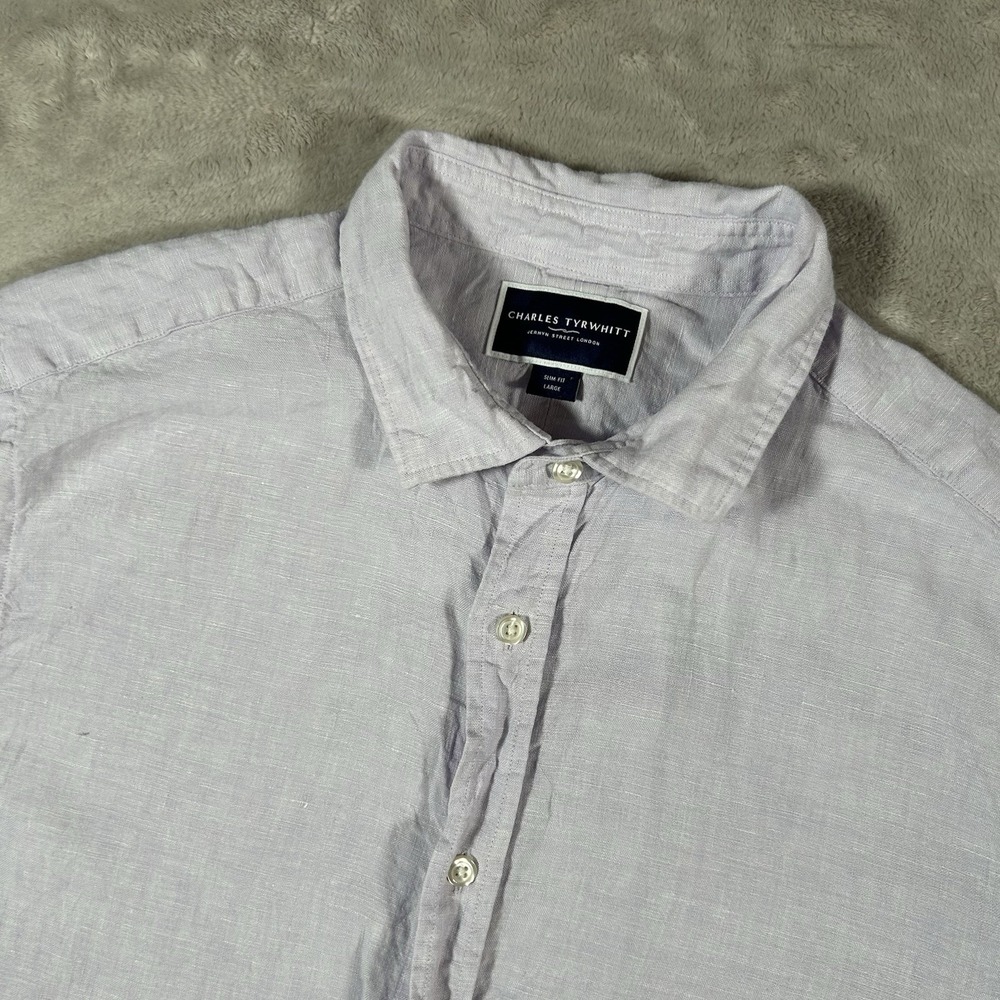 Charles Tyrwhitt 100% Linen Shirt Mens Large Blue Short Sleeve Button Slim Fit